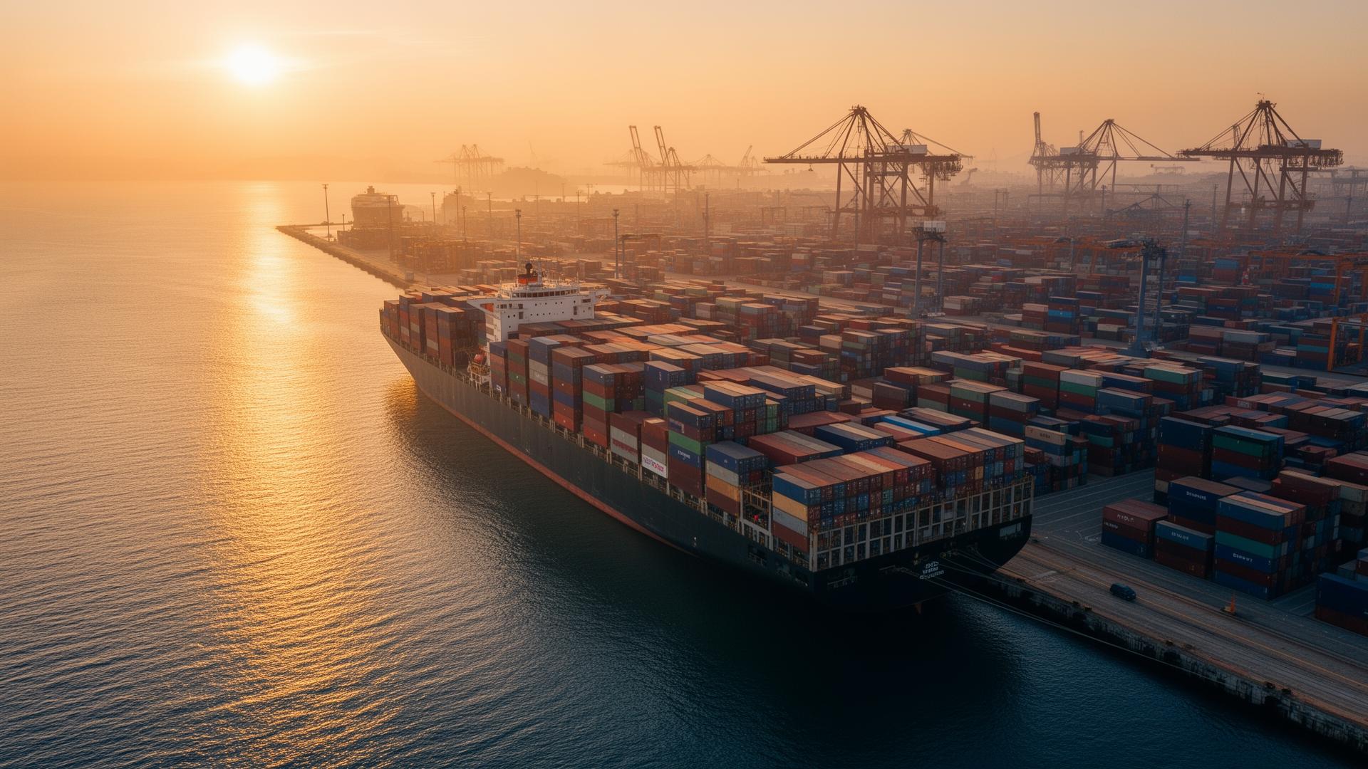 Container ship docked at port at sunset